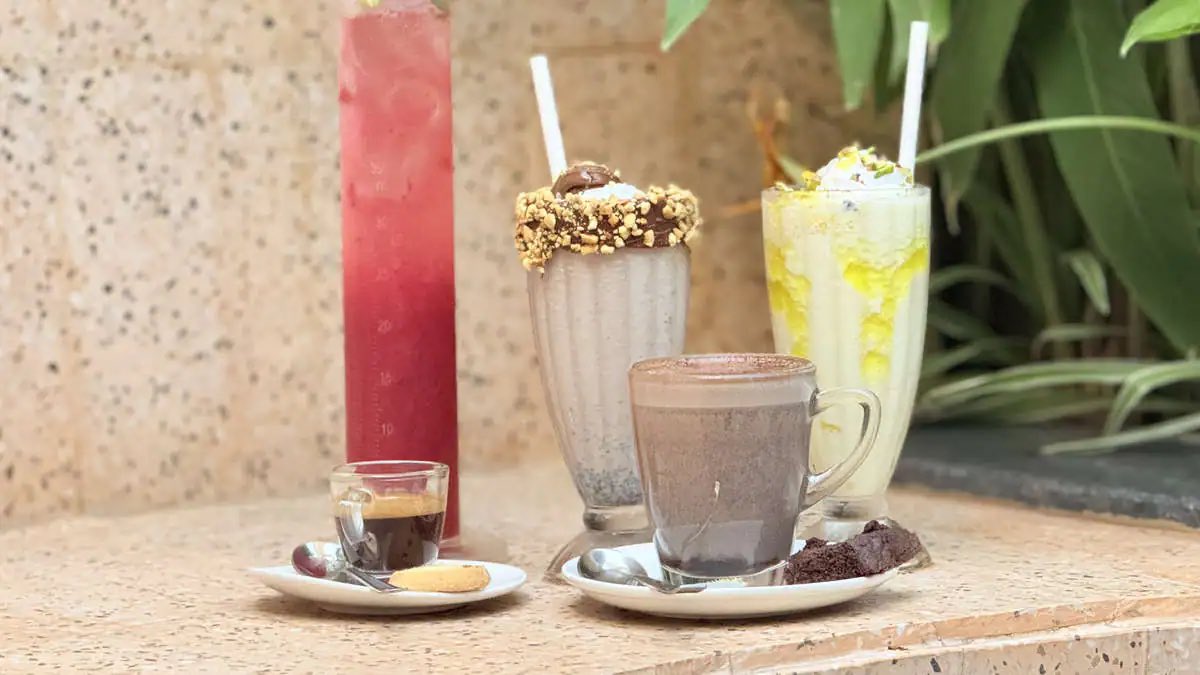 Espresso, thick shakes and a watermelon cooler on a terrazzo ledge